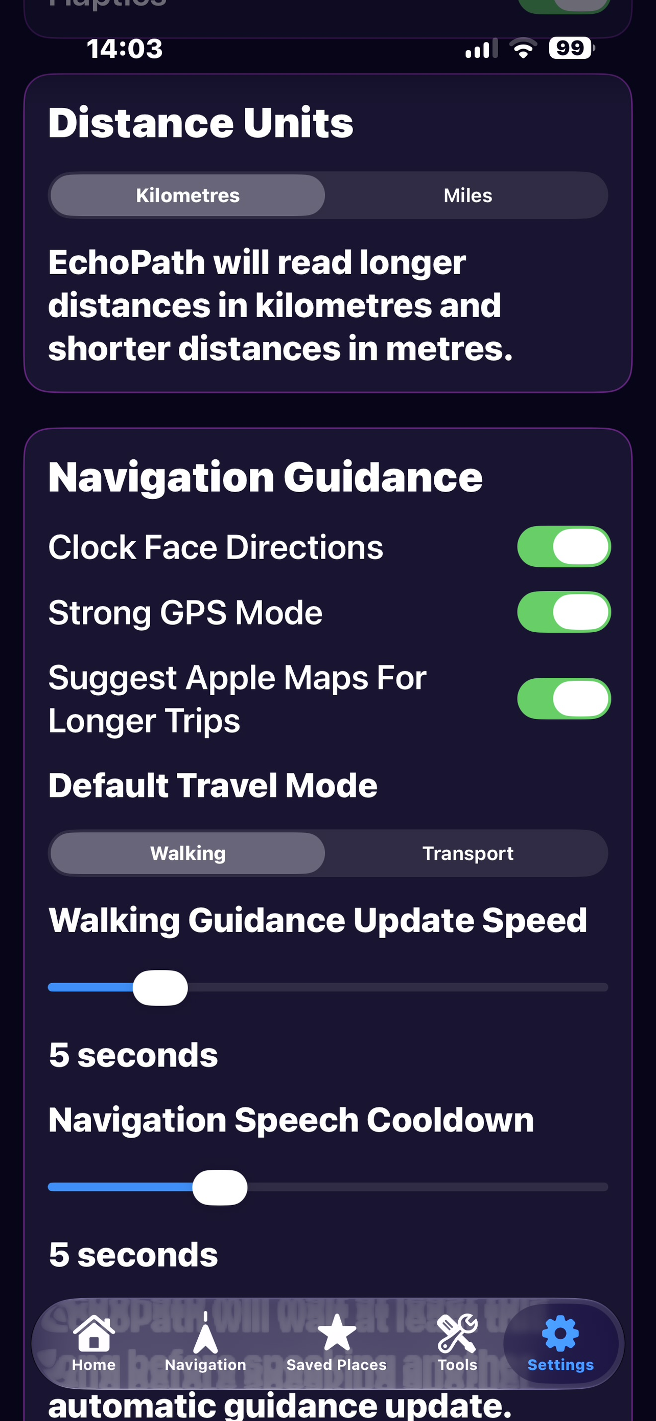 EchoPath settings screen showing navigation and accessibility options.